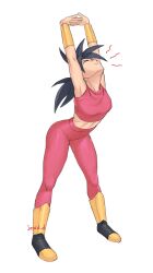 Rule 34 | 1girl, absurdres, black hair, boots, cammy stretch (meme), closed eyes, commentary, crop top, dragon ball, dragon ball super, earrings, english commentary, full body, genniax, highres, interlocked fingers, jewelry, kefla (dragon ball), long hair, meme, midriff, own hands together, pants, pink pants, pink skirt, potara earrings, signature, skirt, smile, solo, stretching, vambraces