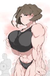Rule 34 | 1girl, 2boys, ?, abs, blush, breasts, brown hair, dumbbell, geumgang (odd snail), heart, highres, large breasts, looking at viewer, multiple boys, muscular, muscular female, oddsnail, original, short hair, tank top, veins, veiny arms