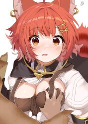 Rule 34 | 1girl, 1other, ahoge, animal ear piercing, blunt bangs, blush, breast hold, breasts, brown straps, cleavage, cleavage cutout, clothing cutout, extra ears, grabbing, grabbing another&#039;s breast, hair ornament, hairclip, hand on another&#039;s chest, highres, holding, holding paper, large breasts, nejime, nijisanji, nose blush, orange eyes, orange hair, paper, ratna petit, ratna petit (1st costume), red panda ears, red panda girl, red panda tail, shirt, short hair, simple background, surprised, sweat, upper body, virtual youtuber, wavy mouth, white background, white shirt