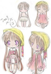 Rule 34 | 00s, 1girl, 2009, ^ ^, bloomers, brown hair, character sheet, chibi, child, closed eyes, concept art, dated, dress, flat chest, happy, hat, headset, itto maru, kindergarten, kindergarten uniform, long hair, lowres, official art, purple eyes, school hat, signature, simple background, sketch, smile, solo, stuffed animal, stuffed rabbit, stuffed toy, topless, tsukuyomi ai, twintails, underwear, very long hair, vocaloid, voiceroid, white background