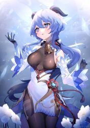 Rule 34 | 1girl, ahoge, amenosaka nono, bare shoulders, bell, black gloves, black pantyhose, blue hair, blush, breasts, chinese knot, detached sleeves, flower, flower knot, ganyu (genshin impact), genshin impact, gloves, gold trim, highres, horns, impossible clothes, long hair, looking to the side, medium breasts, neck bell, pantyhose, parted lips, purple eyes, qingxin flower, sideboob, sidelocks, skindentation, smile, snowflakes, solo, standing, tassel, thighlet, thighs, vision (genshin impact), waist cape, white flower, white sleeves