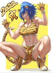 Rule 34 | abs, anagumasan, animal ears, animal print, blue eyes, blue hair, breasts, cat, cat ears, cat tail, chinese zodiac, highres, leona heidern, muscular, muscular female, paw pose, ponytail, solo, sports bra, squatting, tail, the king of fighters, tiger print, year of the tiger