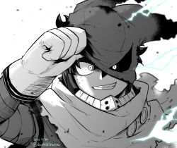 Rule 34 | 1boy, bodysuit, boku no hero academia, buthikireta, clenched teeth, commentary request, dated, energy, evil grin, evil smile, fang, gloves, glowing, glowing eye, greyscale, grin, hand up, hood, looking at viewer, male focus, midoriya izuku, monochrome, scarf, simple background, smile, teeth, torn bodysuit, torn clothes, twitter username, white background