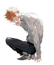 Rule 34 | 1boy, arm support, black pants, brown eyes, collared shirt, from side, full body, hachiware (user wwva4743), haikyuu!!, highres, hinata shouyou, long sleeves, looking at viewer, male focus, messy hair, open mouth, orange hair, pants, shirt, shoes, short hair, sidelighting, smile, sneakers, socks, solo, squatting, white background, white shirt, white socks