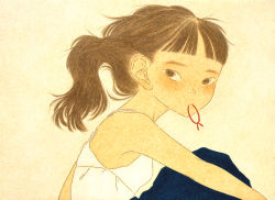 Rule 34 | 1girl, 3:, armpit peek, asian, bare arms, bare shoulders, blue skirt, blunt bangs, brown eyes, brown hair, closed mouth, commentary, dated commentary, english commentary, expressionless, from side, hair behind ear, hair tie in mouth, hugging own legs, knees up, long hair, looking at viewer, looking to the side, mixed-language commentary, mouth hold, muted color, nakada ikumi, oil painting (medium), original, painting (medium), pleated skirt, simple background, sitting, skirt, sleeveless, solo, spaghetti strap, traditional media