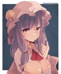 Rule 34 | 1girl, alternate eye color, blue background, breasts, brown eyes, capelet, character name, cleavage, crescent, crescent pin, fuukadia (narcolepsy), hat, large breasts, long hair, looking at viewer, mob cap, patchouli knowledge, pink capelet, pink hat, purple hair, sidelocks, solo, touhou, two-tone background, upper body, white background