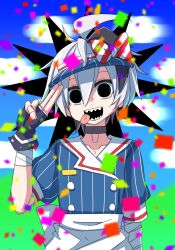 Rule 34 | 1girl, ahoge, apron, back bow, bandaged arm, bandages, black choker, black eyes, black gloves, black hair, blue dress, blue sky, blue visor, bow, choker, cloud, collarbone, commentary request, confetti, dress, empty eyes, flower (vocaloid), flower (vocaloid4), gloves, highres, huge ahoge, looking at viewer, mesmerizer (vocaloid), miri (miri 1m), multicolored hair, open mouth, pinstripe dress, pinstripe pattern, puffy short sleeves, puffy sleeves, red bow, salute, sharp teeth, short hair, short sleeves, sky, solo, streaked hair, striped bow, striped clothes, striped dress, teeth, tongue, tongue out, two-finger salute, vertical-striped clothes, vertical-striped dress, visor cap, vocaloid, white apron, white bow, white hair