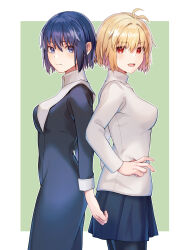 Rule 34 | 2girls, antenna hair, arcueid brunestud, back-to-back, blonde hair, blue dress, blue eyes, blue hair, blue skirt, border, breasts, ciel (tsukihime), closed mouth, commentary, dress, from side, green background, habit, hair between eyes, hair intakes, hand on own hip, highres, large breasts, long sleeves, looking at viewer, medium breasts, miniskirt, mkr (wepn3428), multiple girls, nun, open mouth, outside border, pantyhose, red eyes, short hair, skirt, sweater, traditional nun, tsukihime, tsukihime (remake), turtleneck, turtleneck sweater, white border, white sweater