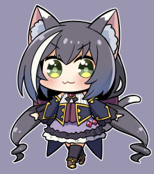 Rule 34 | 1girl, :3, animal ear fluff, animal ears, black hair, black thighhighs, blush, brown footwear, cat ears, cat girl, cat tail, chibi, closed mouth, commentary request, detached sleeves, dress, drill hair, green eyes, grey background, hair between eyes, karyl (princess connect!), long hair, long sleeves, looking at viewer, low twintails, multicolored hair, plover, princess connect!, sidelocks, simple background, sleeveless, sleeveless dress, smug, solo, standing, tail, thighhighs, twintails, zettai ryouiki