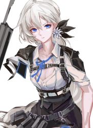 Rule 34 | 1girl, apc556, apc556 (girls&#039; frontline), belt, black ribbon, black skirt, blue eyes, blue ribbon, breasts, carbine, cleavage, closed mouth, collarbone, flower, girls&#039; frontline, hair flower, hair ornament, hair ribbon, highres, lithographica, long hair, looking at viewer, medium breasts, platinum blonde hair, ribbon, shirt, silver hair, skirt, solo, suspender skirt, suspenders, white background, white shirt