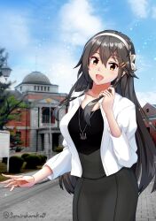 Rule 34 | 1girl, :d, absurdres, anchor necklace, black shirt, breasts, brown eyes, grey hair, grey skirt, hair ornament, hairband, hairclip, haruna (kancolle), highres, jacket, jewelry, kantai collection, kure (city), large breasts, long hair, looking at viewer, necklace, official alternate costume, open mouth, photo background, shirt, sidelocks, skirt, smile, solo, sorairo haruka, twitter username, white hairband, white jacket