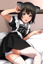 Rule 34 | 1girl, :d, absurdres, animal ears, apron, arm up, black dress, black hair, black hairband, blush, brown eyes, dress, fake animal ears, feet out of frame, frilled apron, frills, hair between eyes, hairband, highres, looking at viewer, maid, matsunaga kouyou, nose blush, open mouth, original, panties, pillow, pleated dress, puffy short sleeves, puffy sleeves, short sleeves, smile, solo, teeth, thighhighs, underwear, upper teeth only, white apron, white panties, white thighhighs