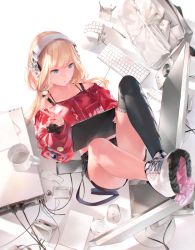 Rule 34 | 1girl, bare shoulders, belt, black shirt, black shorts, black thighhighs, blonde hair, blue eyes, cable, cellphone, closed mouth, commentary request, cup, from above, gloves, headphones, highres, holding, holding stylus, jacket, keyboard (computer), knees up, long hair, long sleeves, looking away, low twintails, midriff, monitor, mouse (computer), mug, off shoulder, original, partially fingerless gloves, pen, phone, puffy sleeves, red jacket, shirt, shoes, short shorts, shorts, single thighhigh, sleeveless, sleeveless shirt, smartphone, sneakers, solo, sousou (sousouworks), stylus, tablet pc, thighhighs, thighs, twintails, white footwear, white theme