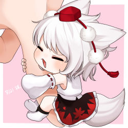 Rule 34 | 1girl, animal ears, bad id, bad pixiv id, chibi, closed eyes, dated, detached sleeves, giant hand, gotou (nekocat), groping, hat, highres, inubashiri momiji, mini person, minigirl, open mouth, ribbon-trimmed sleeves, ribbon trim, short hair, silver hair, skirt, solo, solo focus, tail, tokin hat, touhou, wolf ears, wolf tail