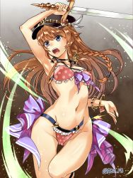 Rule 34 | 10s, 1girl, abo (hechouchou), armpits, bare shoulders, bikini, blue eyes, braid, brown hair, collarbone, eyebrows, female focus, frilled bikini, frills, gradient background, granblue fantasy, groin, hat, holding, holding weapon, jewelry, lecia (granblue fantasy), long hair, looking to the side, navel, open mouth, panties, polka dot, polka dot bikini, polka dot panties, polka dot swimsuit, solo, standing, swimsuit, sword, teeth, thigh gap, thighs, tongue, underwear, weapon