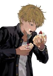 Rule 34 | 1boy, black jacket, blonde hair, cake, cake slice, chainsaw man, denji (chainsaw man), food, food on face, fruit, gakuran, highres, holding, holding food, jacket, looking at food, looking down, messy, open clothes, open mouth, school uniform, shinamoku00, shirt, short hair, simple background, solo, spiked hair, strawberry, strawberry shortcake, white background, white shirt