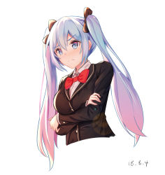 Rule 34 | 1girl, black bow, black jacket, blazer, blue eyes, blue hair, blush, bow, bowtie, breast hold, breasts, closed mouth, collared shirt, cropped torso, dated, dutch angle, frown, hair between eyes, hair bow, hatsune miku, highres, jacket, long hair, medium breasts, mobu (wddtfy61), red bow, red bowtie, school uniform, shirt, solo, twintails, very long hair, vocaloid, white shirt