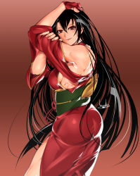 Rule 34 | 1girl, ass, bare shoulders, black hair, bowalia, breasts, cowboy shot, fingerless gloves, from side, gloves, hair between eyes, highres, japanese clothes, kimono, long hair, looking at viewer, looking to the side, medium breasts, muscular, muscular female, obi, original, red eyes, red gloves, sash, sideboob, signature, slit pupils, smile, solo, very long hair, wide sleeves