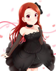 Rule 34 | 1girl, bad id, bad pixiv id, black bow, black dress, black sleeves, blush, bow, brown hair, choker, closed mouth, collarbone, cowboy shot, detached sleeves, dress, hair bow, highres, idolmaster, idolmaster (classic), jewelry, long hair, long sleeves, looking up, minase iori, nail polish, outstretched arm, petals, pink nails, pink ribbon, red eyes, ribbon, ring, runmo77, short dress, sleeveless, sleeveless dress, smile, solo, standing, very long hair, wedding ring, white background