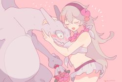 Rule 34 | 1girl, animal, bikini, blush, bouquet, breasts, charizard, closed eyes, corrin (female) (fire emblem), corrin (female) (summer) (fire emblem), corrin (fire emblem), creatures (company), embarrassed, fire emblem, fire emblem fates, flower, game freak, gen 1 pokemon, highres, holding, holding bouquet, large breasts, long hair, nintendo, official alternate costume, open mouth, pink background, pokemon, pokemon (creature), rose, shy, silver hair, simple background, skirt, super smash bros., swimsuit, thighs, very long hair, wide hips, yasaikakiage