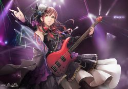 Rule 34 | 1girl, armpits, artist name, bang dream!, bass guitar, bow, brown hair, detached sleeves, dress, earrings, eyelashes, feather hair ornament, feathers, flower, feather hair ornament, hair flower, hair ornament, highres, hiroki ree, imai lisa, instrument, jewelry, lips, long hair, nail polish, red bow, signature, stage, stage lights, yellow eyes