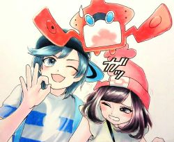 Rule 34 | 1boy, 1girl, ;3, ;d, backpack, bag, baseball cap, beanie, black eyes, black hair, black hat, blush, bob cut, creatures (company), elio (pokemon), eyelashes, eyes visible through hair, floral print, game freak, gen 4 pokemon, handbag, hat, looking at another, looking to the side, looking up, minapo, motion lines, nintendo, ok sign, one eye closed, open mouth, painting (medium), poke ball theme, pokedex, pokemon, pokemon (creature), pokemon adventures, red hat, rotom, rotom dex, selene (pokemon), shirt, short hair, short sleeves, sideways hat, simple background, smile, strap, striped clothes, striped shirt, sweatdrop, swept bangs, t-shirt, traditional media, upper body, watercolor (medium), white background, yellow shirt