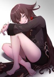 Rule 34 | 1girl, absurdres, alternate hairstyle, ass, bare legs, barefoot, black nails, black shorts, brown hair, chinese clothes, commentary request, genshin impact, hair between eyes, hair down, head rest, head tilt, highres, hu tao (genshin impact), jewelry, kirima (user danf8787), knee up, long hair, long sleeves, looking at viewer, nail polish, parted lips, red eyes, ring, short shorts, shorts, sidelocks, simple background, sitting, smile, soles, solo, symbol-shaped pupils, toes, white background