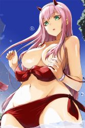 Rule 34 | 10s, 1girl, bare shoulders, bikini, blue sky, blush, bracelet, breasts, commentary request, cowboy shot, darling in the franxx, day, eyeliner, from below, front-tie bikini top, front-tie top, green eyes, hair censor, hair over breasts, hairband, horns, jewelry, large breasts, long hair, makeup, navel, parted lips, pink hair, red bikini, side-tie bikini bottom, sidelocks, sky, solo, swimsuit, tea (nakenashi), wading, wardrobe malfunction, zero two (darling in the franxx)