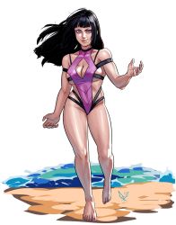 Rule 34 | barefoot, black hair, breasts, cleavage, cleavage cutout, clothing cutout, diepod, full body, hair down, han juri, highres, nail polish, one-piece swimsuit, purple eyes, smile, solo, street fighter, swimsuit, toenail polish, toenails
