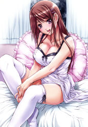 Rule 34 | 1girl, bed, blush, breasts, brown hair, cleavage, frilled pillow, frills, hair ornament, hairclip, highres, huge breasts, large breasts, lingerie, long hair, nanno koto, negligee, original, pillow, purple eyes, sitting, smile, solo, thighhighs, underwear, white thighhighs