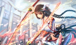 Rule 34 | 1girl, female focus, fire, fire, highres, kikivi, looking at viewer, original, pixiv fantasia, smile, solo, sword, weapon
