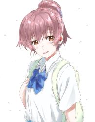 Rule 34 | 1girl, backpack, bag, blue bow, blush, bow, bowtie, brown eyes, brown hair, collared shirt, commentary request, hearing aid, highres, koe no katachi, long hair, looking at viewer, mitsugu, nishimiya shouko, nose blush, pink hair, ponytail, school uniform, shirt, short sleeves, simple background, solo, upper body, white background, white shirt, wing collar