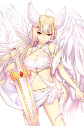 Rule 34 | 1girl, bare shoulders, blonde hair, breasts, cleavage, dress, feathered wings, feathers, glowing, glowing weapon, highres, looking at viewer, medium breasts, no bra, official art, red eyes, shirahane nao, soccer spirits, stomach, sword, tiara, transparent background, valkyrja beth (soccer spirits), weapon, wings