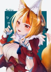 Rule 34 | 1girl, animal ears, blonde hair, brown hair, character name, fingerless gloves, fire emblem, fire emblem fates, fox ears, fox tail, gloves, hair ornament, japanese clothes, multicolored hair, nekolook, nintendo, open mouth, selkie (fire emblem), short hair, simple background, solo, streaked hair, tail, upper body, white gloves