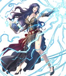 Rule 34 | 1girl, armpits, bare shoulders, black dress, black footwear, black hair, book, breasts, dress, energy, female focus, fire emblem, fire emblem: the blazing blade, fire emblem heroes, full body, high heels, highres, holding, holding book, large breasts, long hair, makeup, navel, nintendo, official art, open mouth, pale skin, smile, solo, sonia (fire emblem: the blazing blade), transparent background, yellow eyes