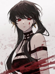Rule 34 | 1girl, bare shoulders, black dress, black hair, blood, blood on face, blood splatter, breasts, cleavage, dress, earrings, half-closed eyes, highres, itou (very ito), jewelry, lipstick, looking at viewer, makeup, medium breasts, parted lips, red eyes, red lips, spy x family, upper body, yor briar