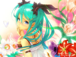Rule 34 | 1girl, bird, blue eyes, daffodil, flower, from behind, from side, green hair, hair ornament, hairclip, hand on own cheek, hand on own face, hatsune miku, highres, lily (flower), long hair, looking at viewer, looking back, redjuice, solo, sparkle, supercell (band), tears, tulip, twintails, upper body, vocaloid, wallpaper, world is mine (vocaloid)