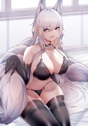 Rule 34 | 1girl, absurdres, animal ear fluff, animal ears, azur lane, bed sheet, black bra, black choker, black gloves, black thighhighs, blush, bra, breasts, choker, cleavage, collarbone, elbow gloves, flower, gloves, grey eyes, hair between eyes, hair flower, hair ornament, highres, indoors, large breasts, long hair, navel, on bed, open mouth, samip, shinano (azur lane), sidelocks, sitting, smile, solo, stomach, tail, teeth, thighhighs, thighs, underwear, upper teeth only, very long hair, white hair