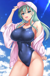 Rule 34 | 1girl, akizuki akina, aqua hair, baseball cap, blue one-piece swimsuit, blue sky, breasts, collarbone, competition swimsuit, covered navel, day, from below, green eyes, hair ornament, hairclip, hat, highres, jacket, kantai collection, large breasts, long hair, long sleeves, looking at viewer, one-piece swimsuit, open clothes, open jacket, open mouth, outdoors, pink hat, pink jacket, sidelocks, sky, solo, suzuya (kancolle), swimsuit
