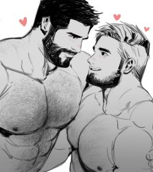 Rule 34 | 2boys, abs, bara, beard, body hair, bulge, chest hair, couple, dopey (dopq), eye contact, facial hair, greyscale, highres, large pectorals, looking at another, male focus, manly, monochrome, multiple boys, muscular, nipples, original, pectoral docking, pectoral press, pectorals, simple background, topless male, yaoi