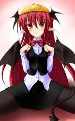 Rule 34 | 1girl, bat wings, blush, bow, bowtie, demon tail, dress, dress shirt, female focus, gisyo, hat, head wings, highres, koakuma, pantyhose, pointy ears, red eyes, red hair, shirt, sitting, skirt, smile, solo, spread legs, tail, embodiment of scarlet devil, touhou, vest, wings