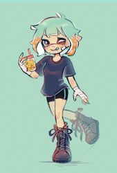 Rule 34 | 1girl, :q, aqua background, aqua hair, bandaged hand, bandages, bike shorts, blue shirt, boots, colored tips, commentary, cross-laced footwear, cup, drinking, drinking straw, full body, highres, holding, holding cup, inkling, inkling girl, inkling player character, multicolored hair, nintendo, one eye closed, orange hair, popop tart, shirt, short hair, simple background, solo, splatoon (series), splatoon 3, tentacle hair, tongue, tongue out, two-tone hair