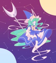 Rule 34 | 1girl, blue dress, bow, capelet, closed mouth, constellation, crescent, dress, frilled sleeves, frills, ghost, green eyes, green hair, guuchama, hat, highres, long hair, long sleeves, mima (touhou), solo, staff, touhou, very long hair, wavy hair, wizard hat, yellow bow