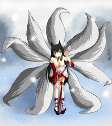 Rule 34 | 1girl, ahri (league of legends), animal ears, black hair, breasts, brown eyes, cleavage, detached sleeves, facial mark, fox ears, fox tail, hair in own mouth, heart, highres, korean clothes, league of legends, leaning forward, long hair, multiple tails, shimo hane, smile, solo, tail, very long hair, whisker markings