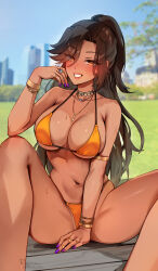 Rule 34 | 1girl, alma (foxyreine), bikini, blush, bracelet, breasts, brown hair, dark-skinned female, dark skin, foxyreine, highres, jewelry, large breasts, long hair, looking at viewer, nail polish, navel, necklace, original, outdoors, sitting, smile, solo, swimsuit, thick thighs, thighs
