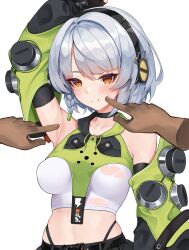 1girl anby_demara arm_behind_head armpits bare_shoulders belted_skirt black_gloves black_headphones black_skirt blush breasts cheek_poking elbow_gloves fingerless_gloves gloves green_jacket green_sleeves grey_hair headphones highres jacket looking_at_viewer matrix16 midriff multicolored_sleeves navel open_mouth orange_eyes poking shirt short_hair skirt sleeveless sleeveless_jacket solo strapless thighs tickling tickling_armpits tube_top wet wet_clothes white_hair white_shirt white_undershirt zenless_zone_zero