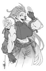 Rule 34 | 1girl, abs, absurdres, backpack, bag, bedroll, breasts, earrings, gloves, greyscale, highres, jewelry, joseph virtuoso, large breasts, long hair, looking at viewer, monochrome, muscular, muscular female, open mouth, original, pointy ears, smile, solo, spiked hair, turtleneck, waving