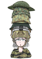 Rule 34 | 1girl, arctic camouflage, blue eyes, brodie helmet, camouflage, combat helmet, green headwear, helmet, highres, long sleeves, looking up, military uniform, open mouth, original, savankov, shirt, short hair, solo, too many hats, uniform, white background, white shirt, woodland camouflage