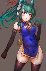 Rule 34 | 1girl, :o, black gloves, black thighhighs, breasts, brown background, china dress, chinese clothes, cleavage, cleavage cutout, clothing cutout, covered erect nipples, covered navel, dress, elbow gloves, gloves, green hair, highres, large breasts, long hair, looking at viewer, menou kaname (taishi), open mouth, original, pink eyes, simple background, sketch, solo, taishi (picchiridou), thighhighs, tight clothes, tight dress