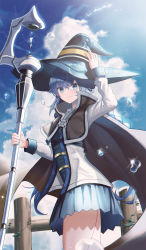 Rule 34 | 1girl, absurdres, adjusting clothes, adjusting headwear, bad id, bad pixiv id, blue eyes, blue hair, blue hat, blue skirt, day, fence, hat, highres, holding, holding staff, long hair, looking at viewer, mushoku tensei, outdoors, poise, roxy migurdia, skirt, solo, staff, very long hair, witch hat